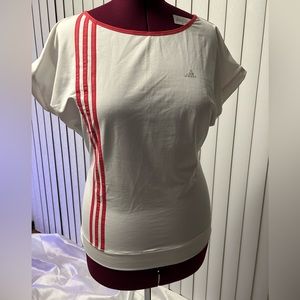 Adidas activewear clima cool 365 shirt cap sleeve white with fuchsia stripes.
